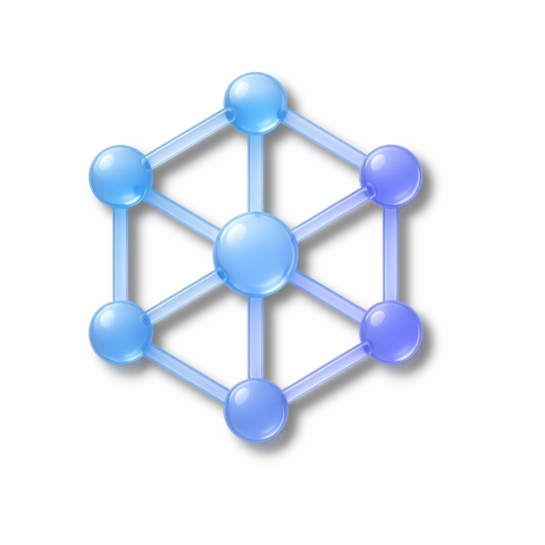 Abstraktes Netzwerkdiagramm mit verbundenen blauen und violetten Kugeln auf dunklem Hintergrund.