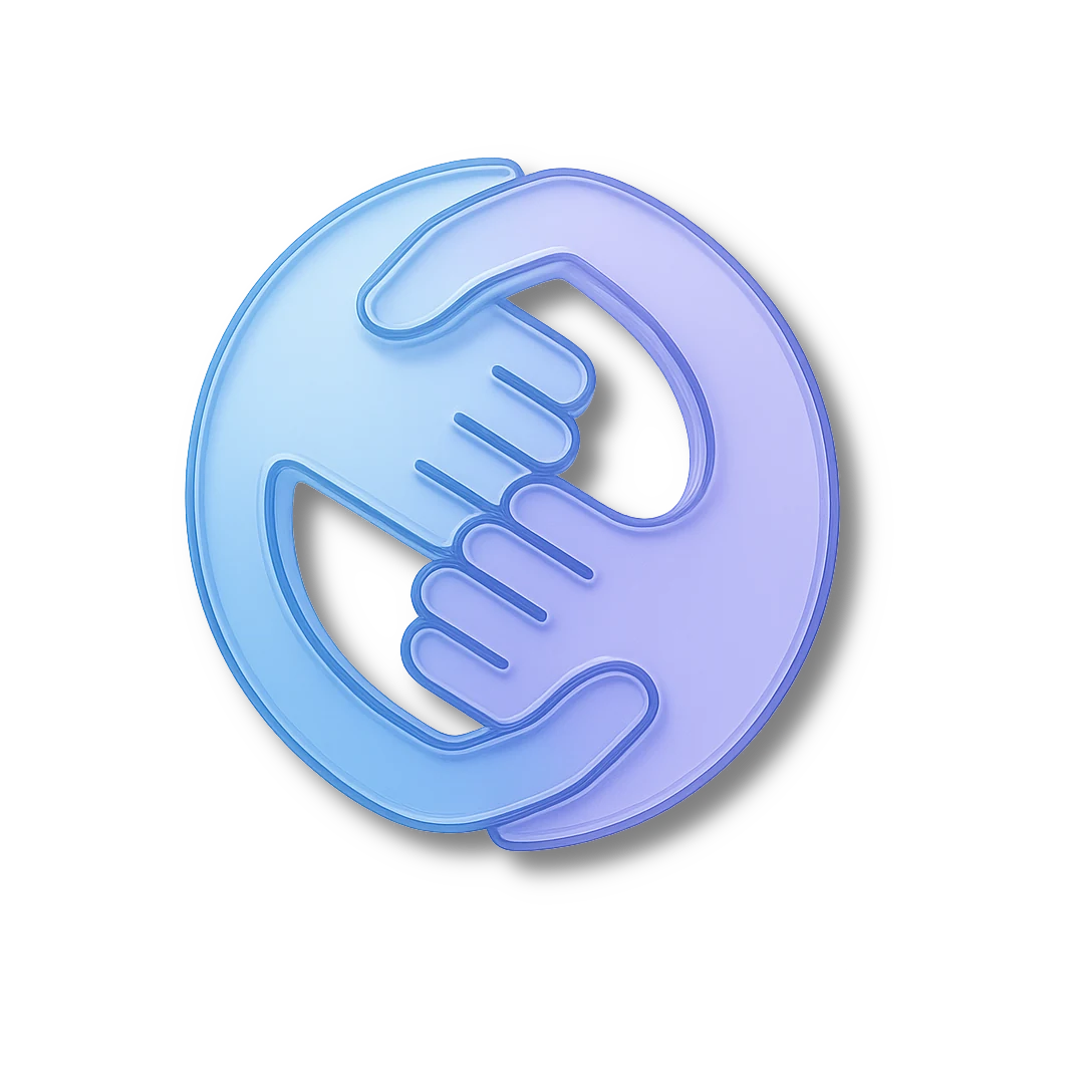 Symbol mit zwei ineinandergreifenden Händen in einem Kreis, dargestellt in Blau- und Lilatönen auf schwarzem Hintergrund.