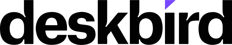 Deskbird Firmenlogo mit schwarzem Text und einem kleinen violetten Akzent über dem Buchstaben i.
