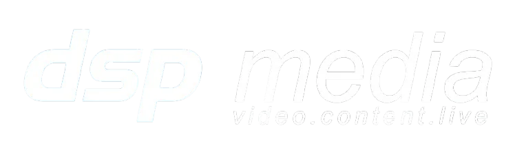 Logo mit dem Schriftzug 'dsp media' und dem Slogan 'video.content.live' in Weiß auf schwarzem Hintergrund.